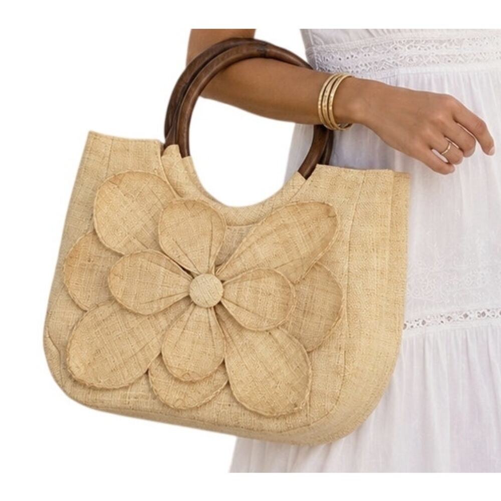 Mar Y Sol Madagascar Raffia Flower Tote Wood Handle Bag - Picture 2 of 9